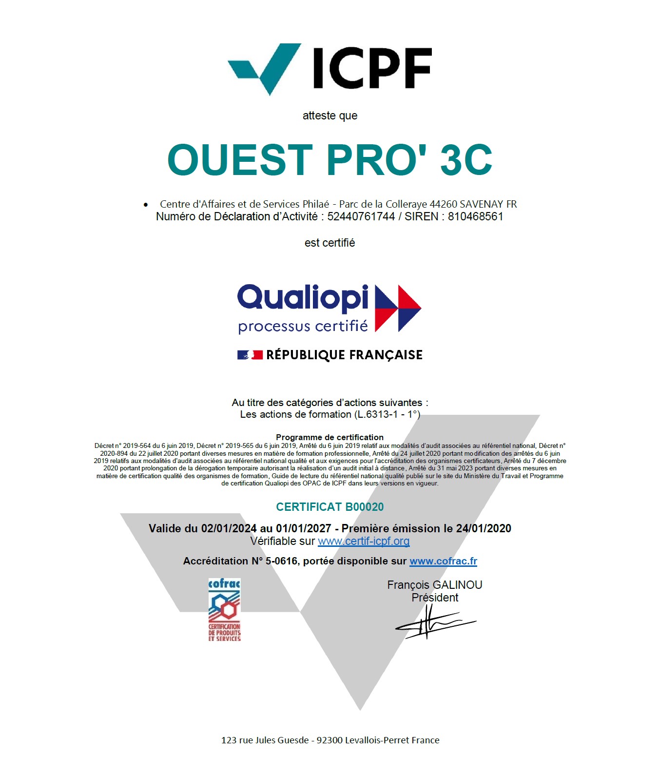 Certificat Qualiopi Icpf Ouestpro'3c Certificat Qualiopi Icpf Ouestpro'3c